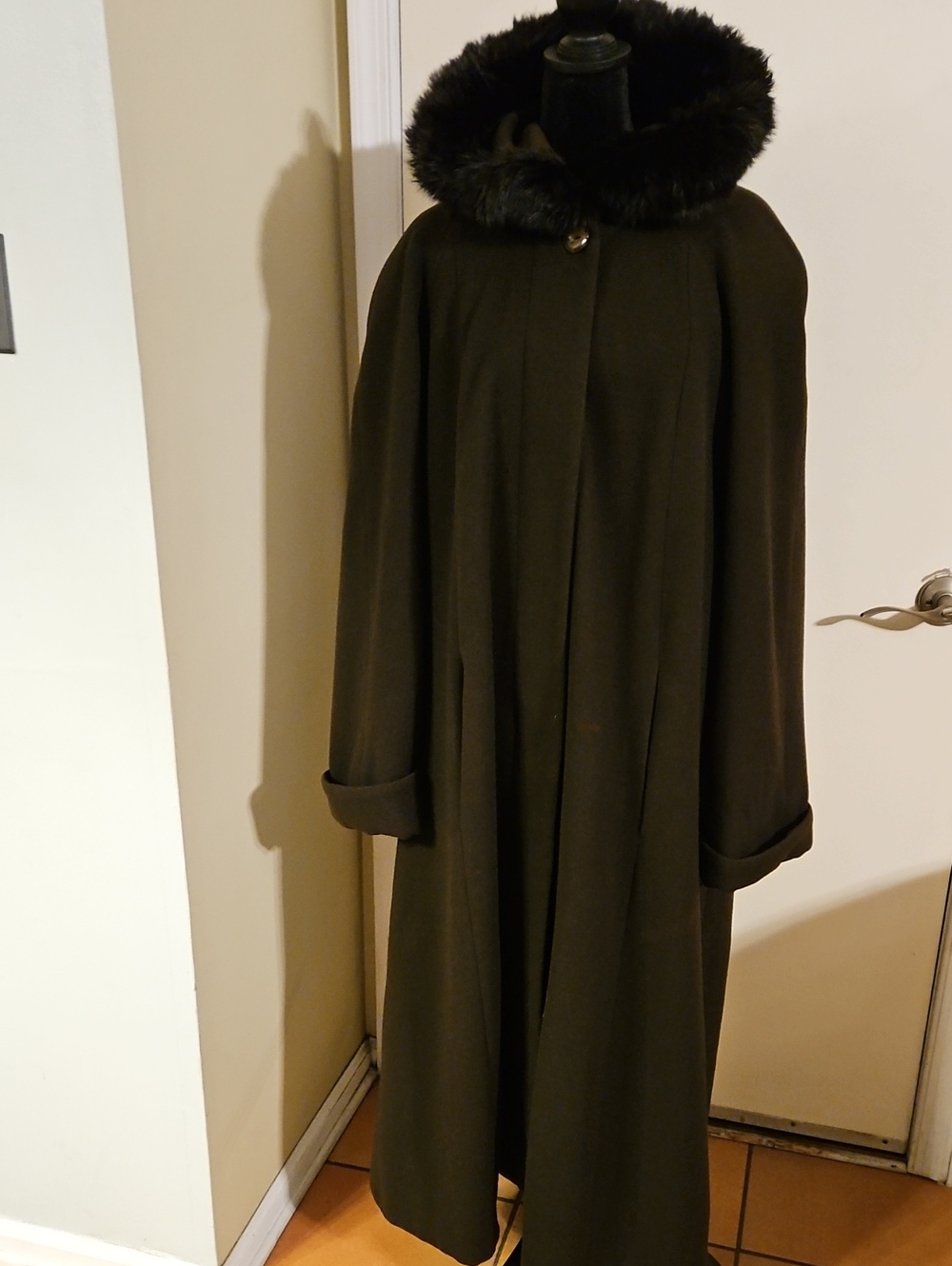 VTG Donnybrook Heavy Wool Coat Genuine Rabbit Fur Hooded Maxi Brown 16